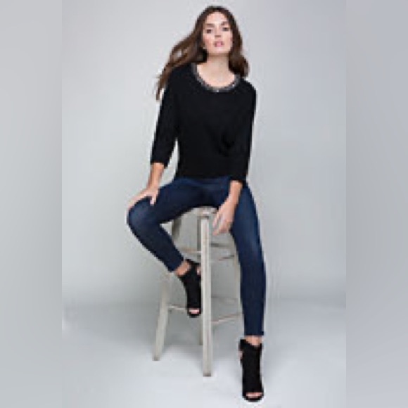 Bebe | Black Sweater with Embellished Jeweled Beaded Collar Neckline Size Medium - Picture 7 of 16